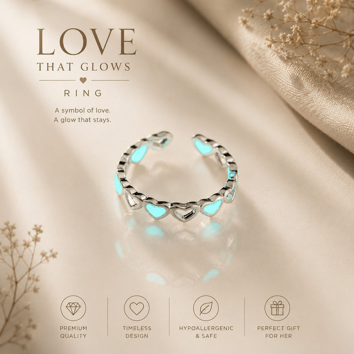 Mogna Mart™ Glow-in-the-Dark Silver Heart Adjustable Ring