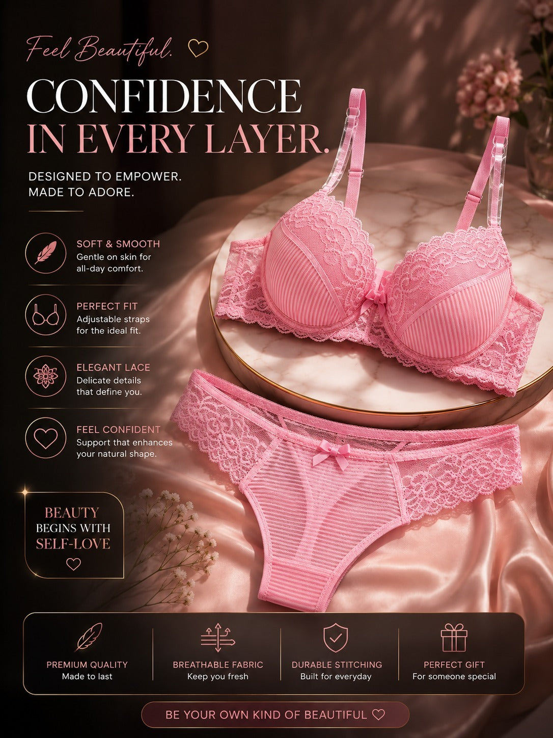 Mogna Mart™ Floral Lace Lingerie Set – Push-Up Bra & Matching Panty