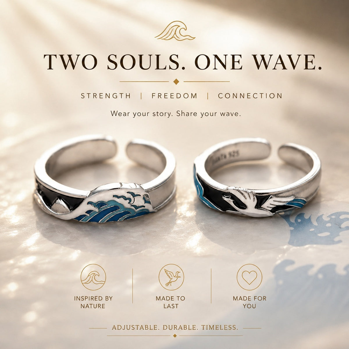 Mogna Mart™ Ocean Wave & Flying Bird Matching Couple Rings Set