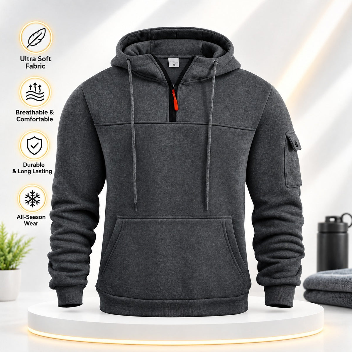 Mogna Mart™ Men’s Tactical Quarter-Zip Fleece Pullover Hoodie with Sleeve Pocket