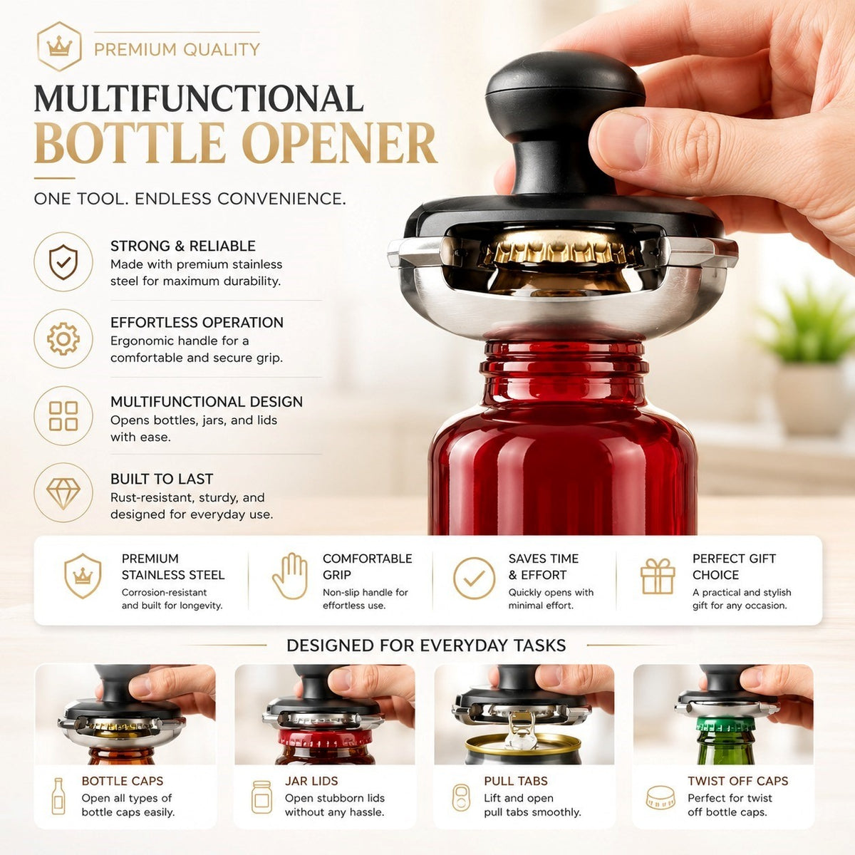 MognaMart™ Multifunctional Bottle Opener – Stainless Steel Jar & Cap Opener