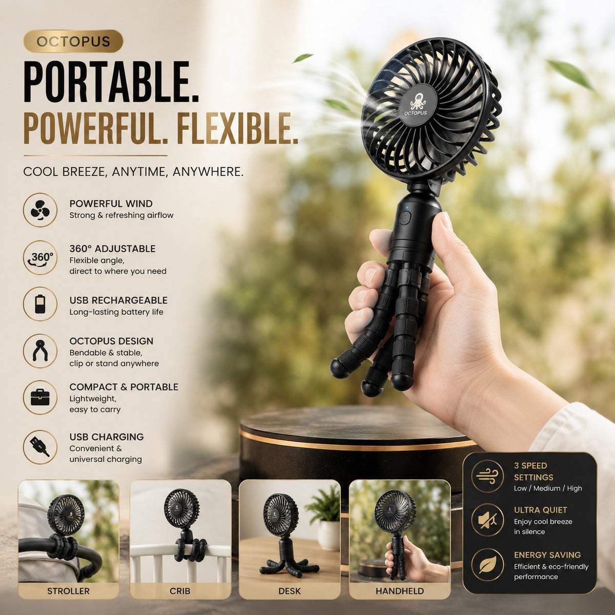 MognaMart™ Flexible Octopus Deformation Stroller Fan – Portable USB Rechargeable Handheld & Desk Fan