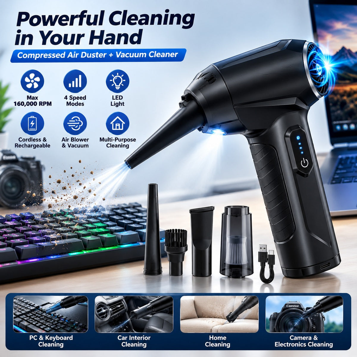 MognaMart™ 2-in-1 Electric Air Duster & Vacuum Cleaner – 160,000 RPM Cordless Blower with LED Light & 4 Speed Modes