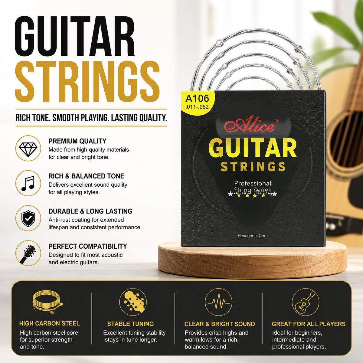 MognaMart™ Professional 6-String Acoustic Guitar Strings – Light Gauge High Carbon Steel Core (.011–.052)