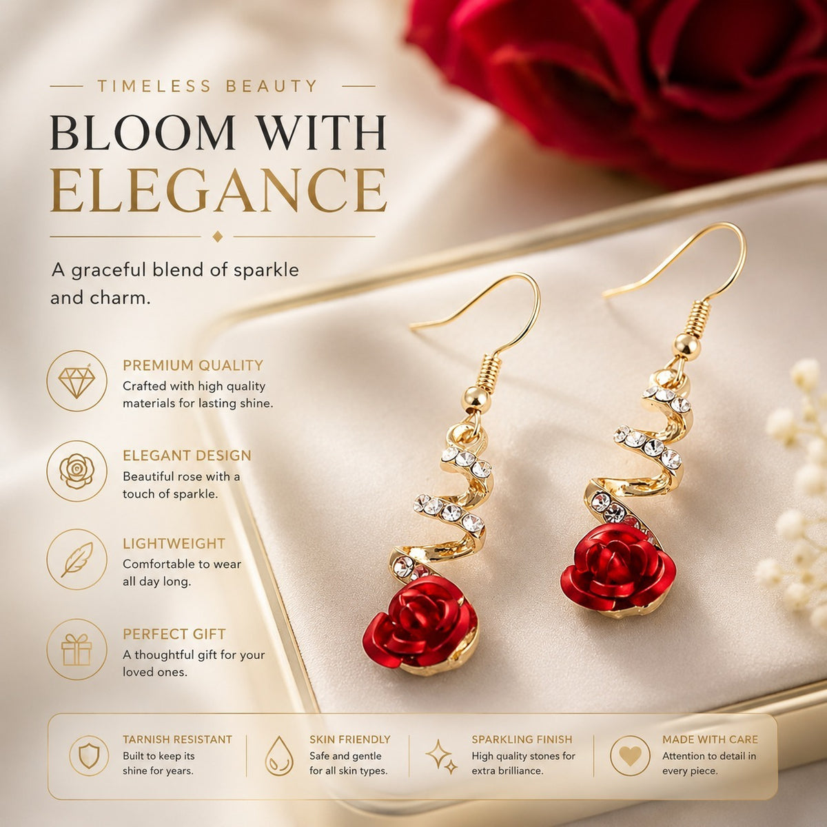 Mogna Mart™ Red Rose Crystal Spiral Drop Earrings