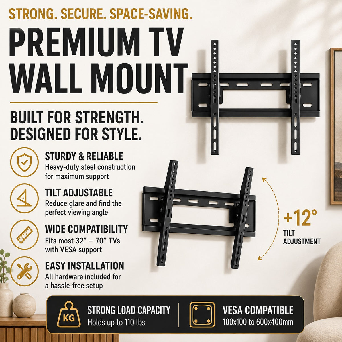 MognaMart™ TMW003S Heavy-Duty Tilting TV Wall Mount – Fits 32" to 70" Flat & Curved TVs (50kg Capacity)