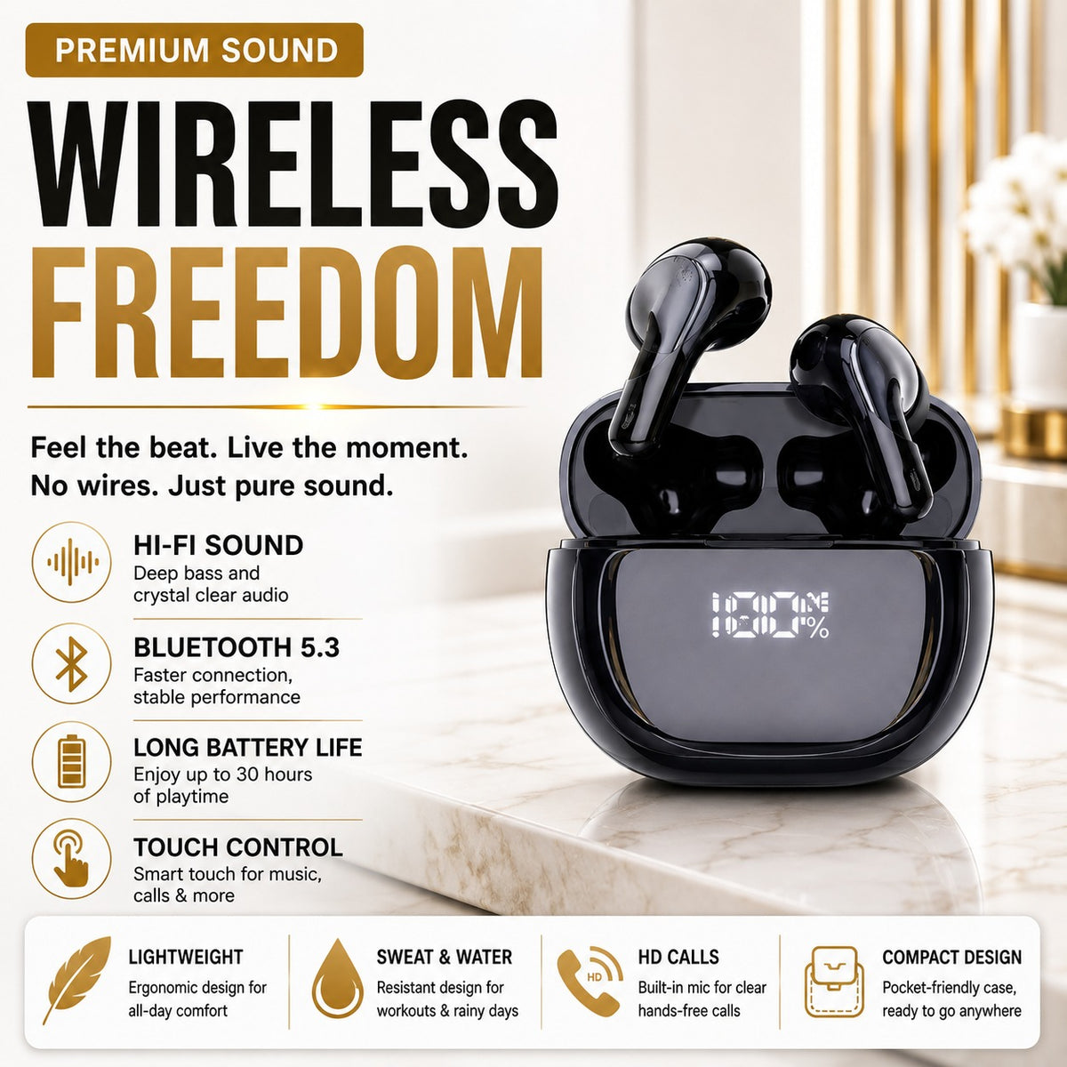 MognaMart™ True Wireless Bluetooth 5.3 Earbuds – Compact Earphones with LED Power Display & 30H Playtime