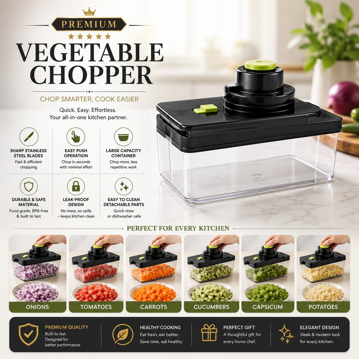 Mogna Mart™ Vegetable Chopper & Slicer – Easy Push Manual Food Cutter with Container
